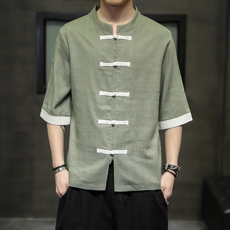 Летняя мужская льняная рубашка в китайском стиле ретро повседневные топы