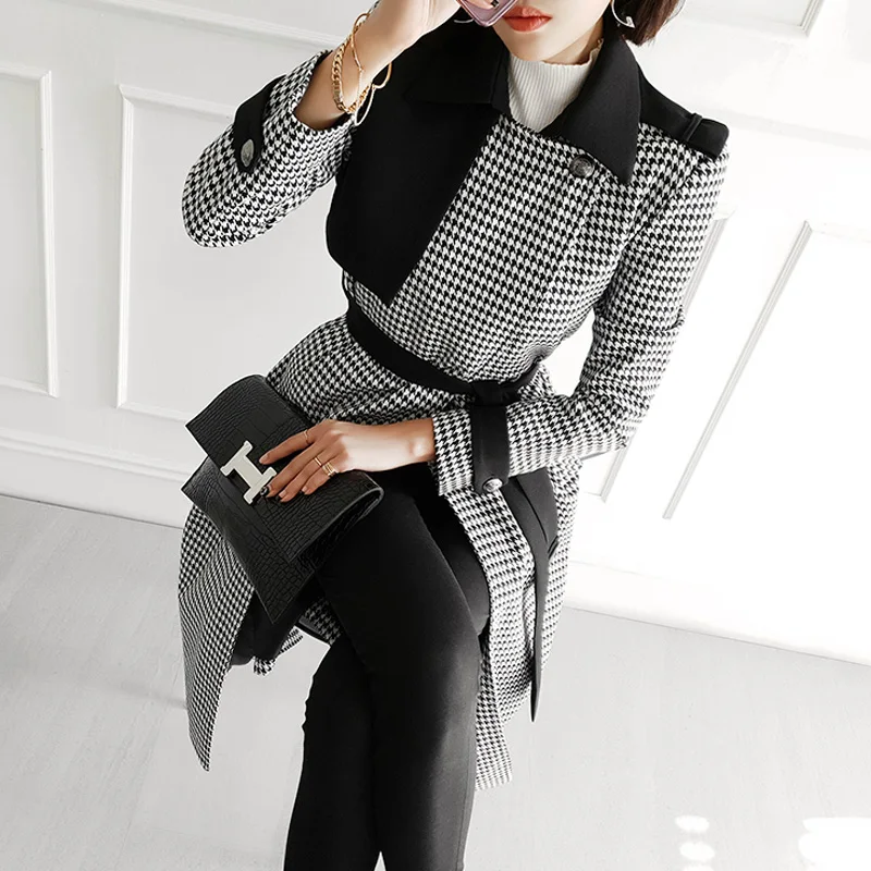 

Women's 2020 Autumn Winter New Female Houndstooth Trench Coats Fashion Slim With Belt Woolen Long Coat Outwear
