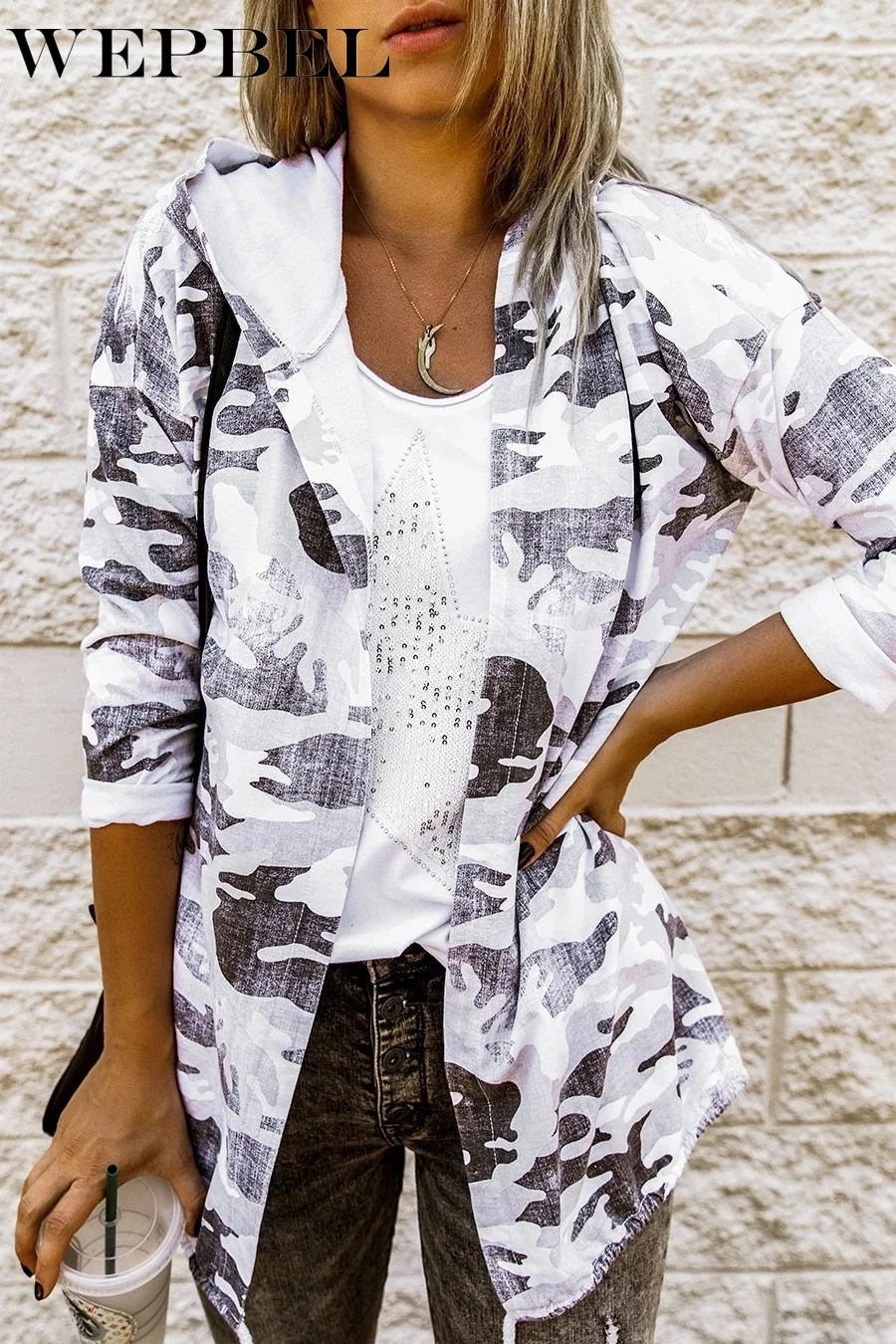 

WEPBEL Autumn Casual Cardigan Camouflage Printed Coats Women's Long-Sleeved Straight Hooded Jacket