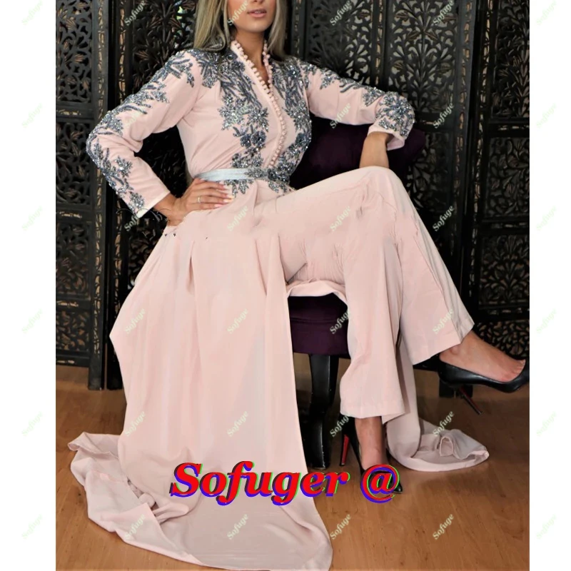 

Blush Pink Evening Dresses Moroccan Kaftan Grey Appliques Saudi Arabic Dubai Special Robe De Soiree Wedding Party Pant Suit