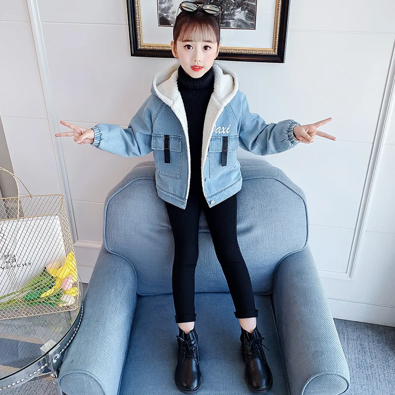 

Fall Winter Girls Plus Velvet Thick Hooded Denim Jacket Kids Fashion Trend Warm Outerwear Children Heavy Coat 6 7 8 9 10 11 12 Y