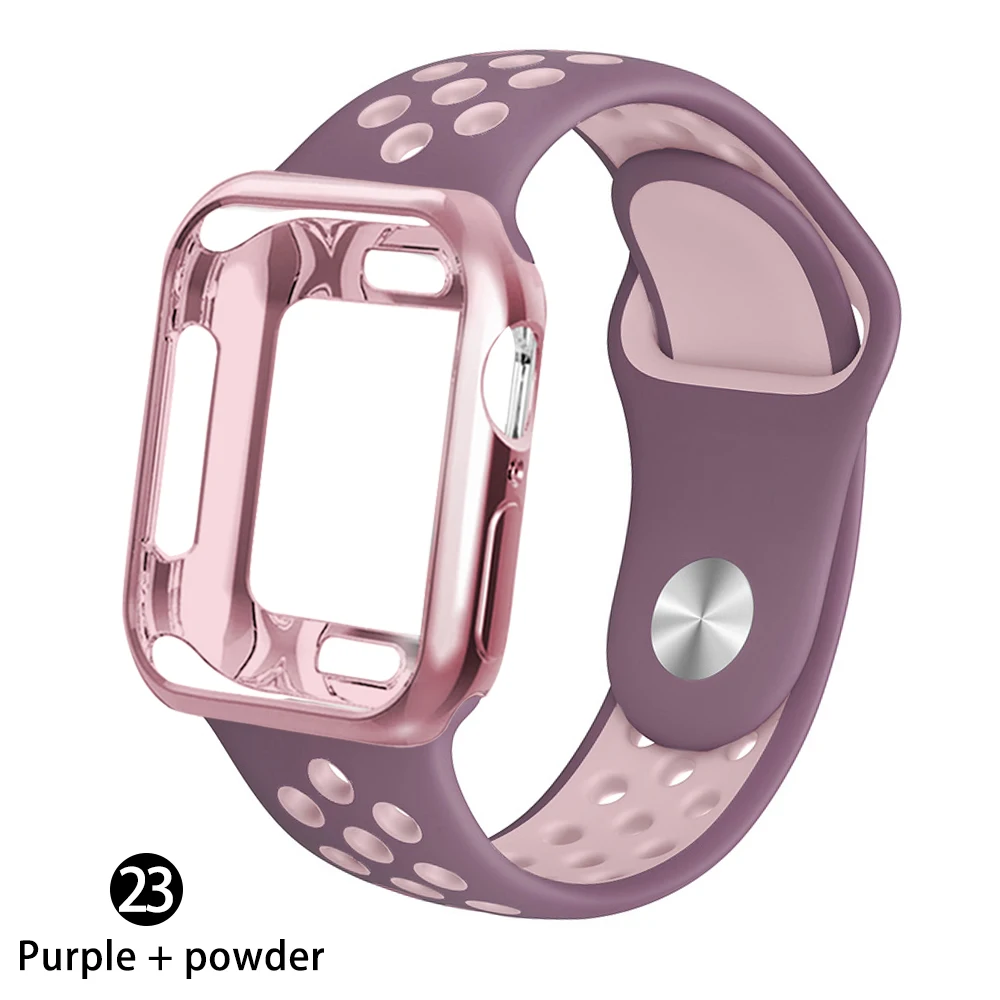 Чехол+ ремешок для apple Watch 5 ремешок 42 мм 38 мм 40 мм 44 мм спортивный силиконовый браслет для apple iwatch series 5 4 3 2 1 Аксессуары - Цвет ремешка: Purple    powder