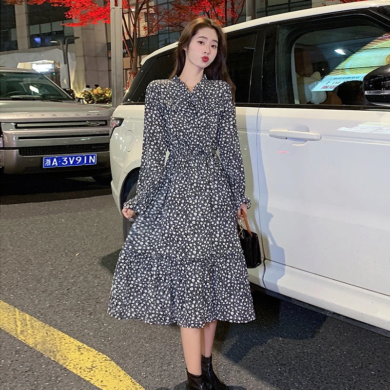 Шифоновое Цветочное платье с высокой талией и длинным рукавом