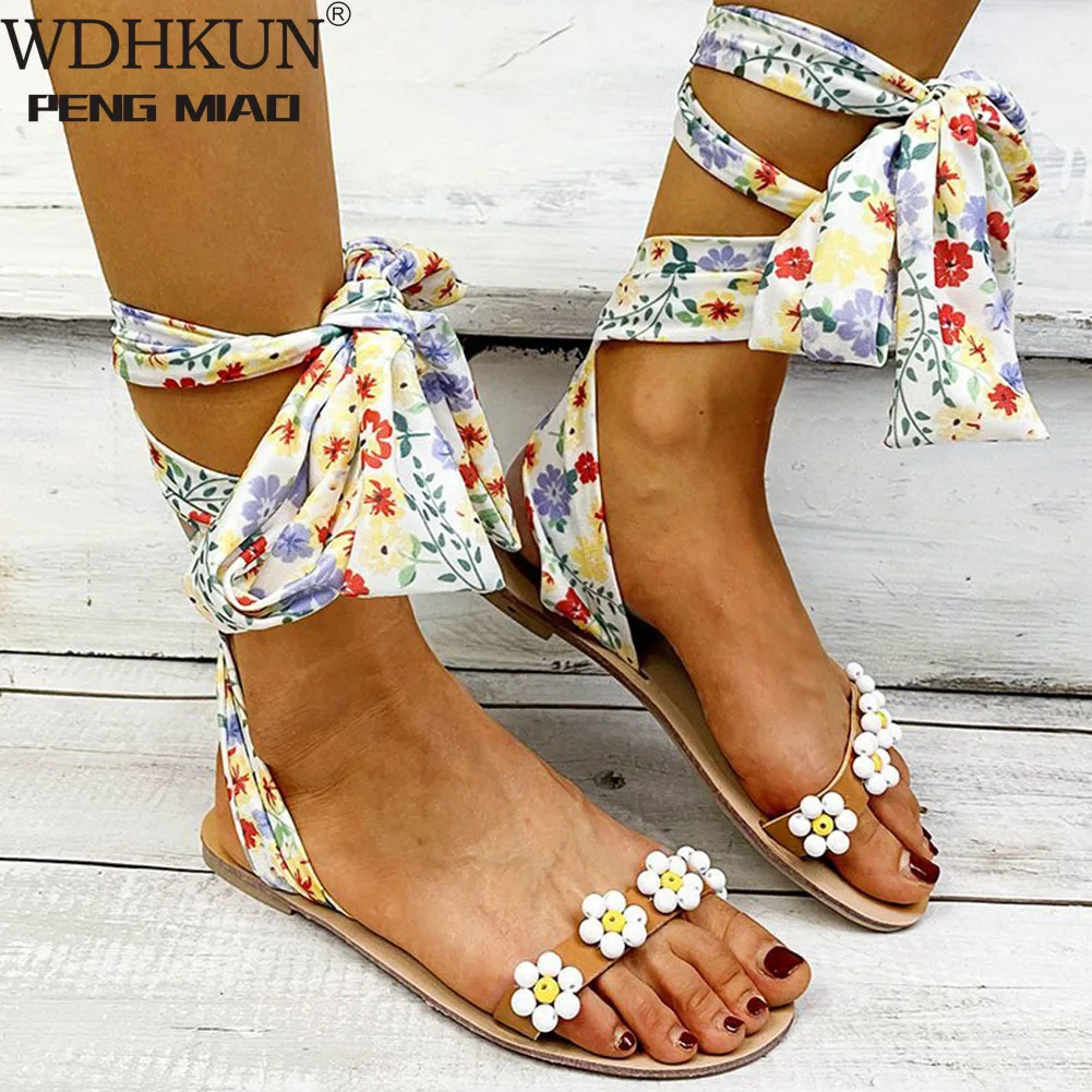 

WDHKUN Leisure Fashion Drop Shipping on Sale Shoes Vintage Flower Lace-up Flat with Gladiator Retro Women Sandals Mul-ticolor