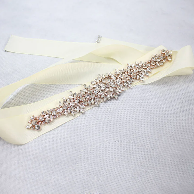 SLBRIDAL розовое золото кристалл свадебный пояс атласные Стразы вечернее платье для