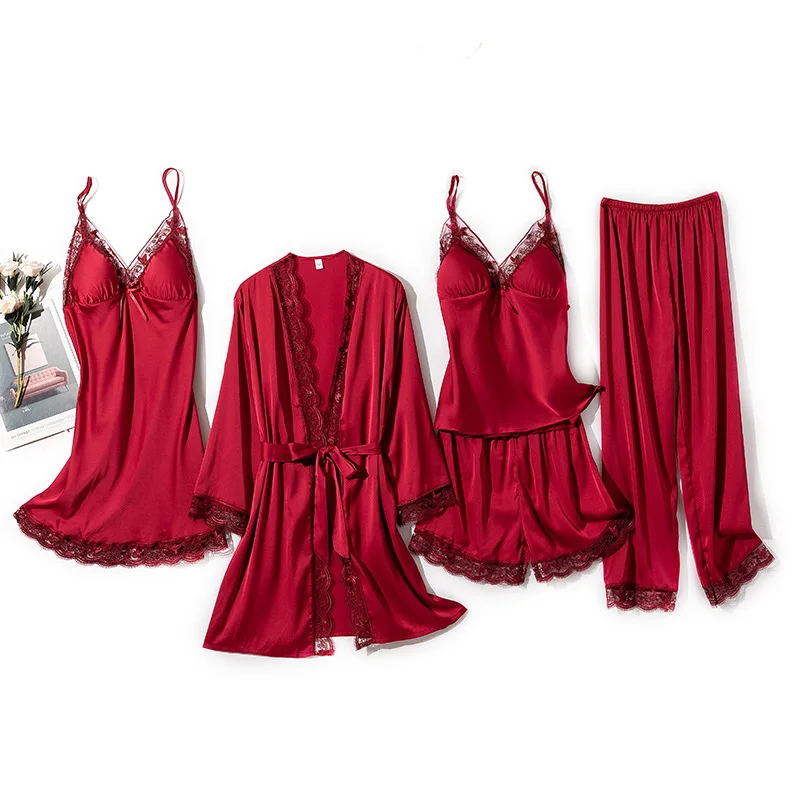 

Satin Burgundy 5PCS Sleepwear Spring Summer Pajamas Set Women Silky PJS Lace Trim Pijamas Suit Casual Kimono Gown Homewear