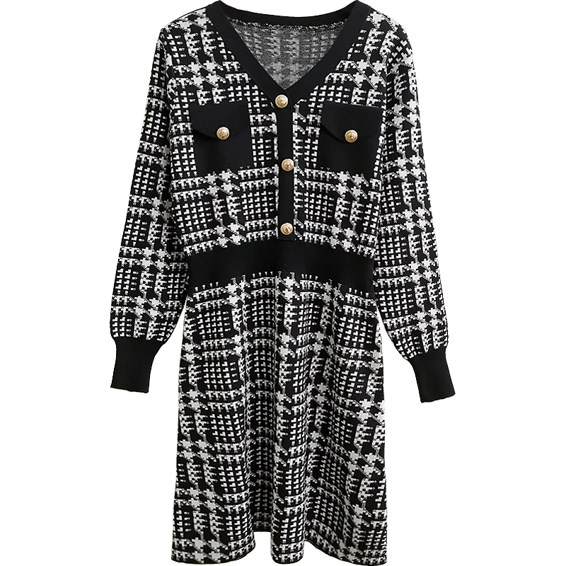 

Вязаное платье женское 2021 Autumn Winter New Women Elegent Knitwear Dresses Fashion Vintage V-Neck Long Sleeve Chic Dress Ins