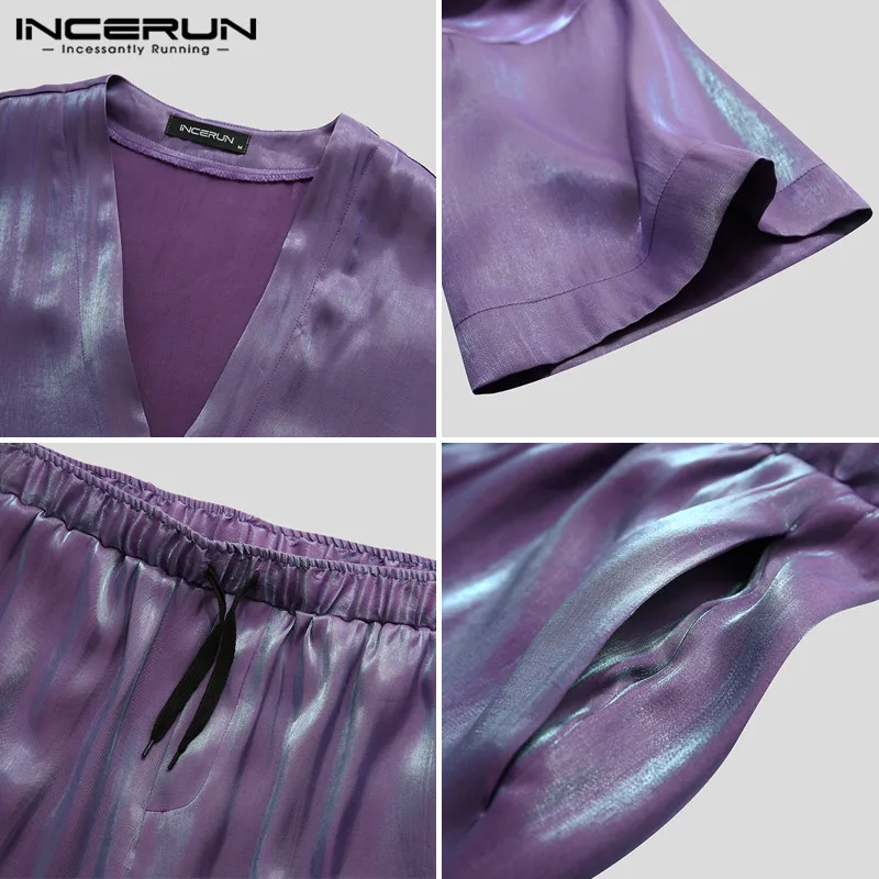 

INCERUN Men Pajamas Sets Open Stitch Half Sleeve Casual Cardigan Shorts Fashion Homewear Solid Chic Shiny Mens Nightwear Sets