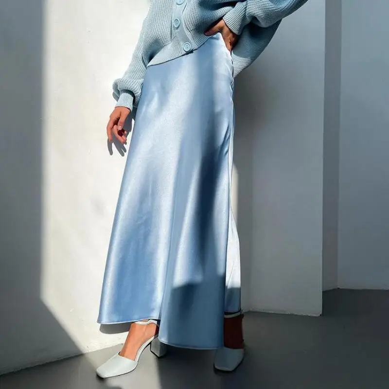 

Однотонная трапециевидная юбка с завышенной талией, модная базовая уличная одежда, атласная юбка средней длины, женские осенние облегающие...