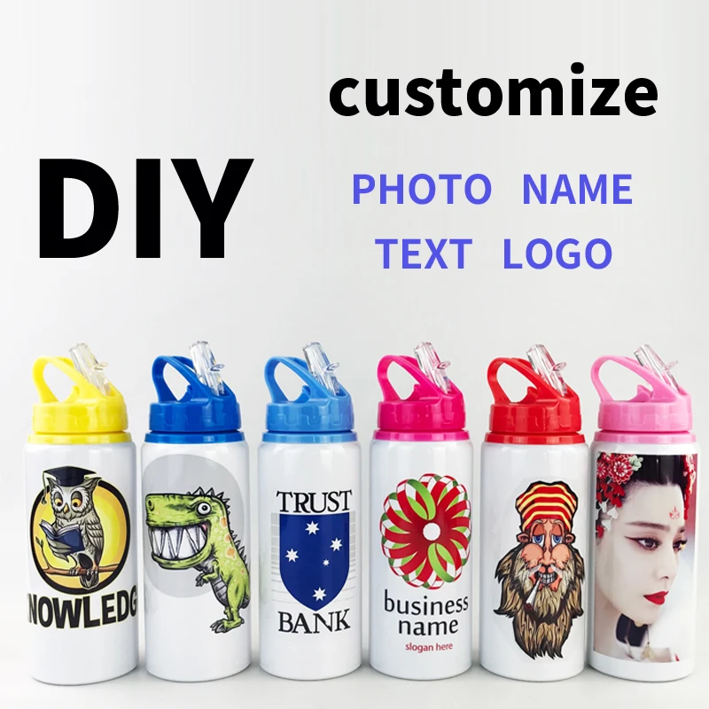 Diy Custom 600ML Bottle with Straw Colorful Print LOGO Photo Text for Travel Sport Easy Take Aluminium Portable