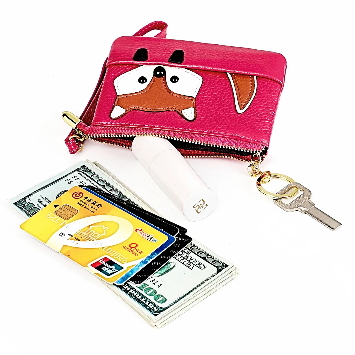 

Brand Cartoon Wallet Women Slim Genuine Leather Cute Fox Coin Purses and Wallets Wrist Small Money Pouch with Key Ring Girl Gift