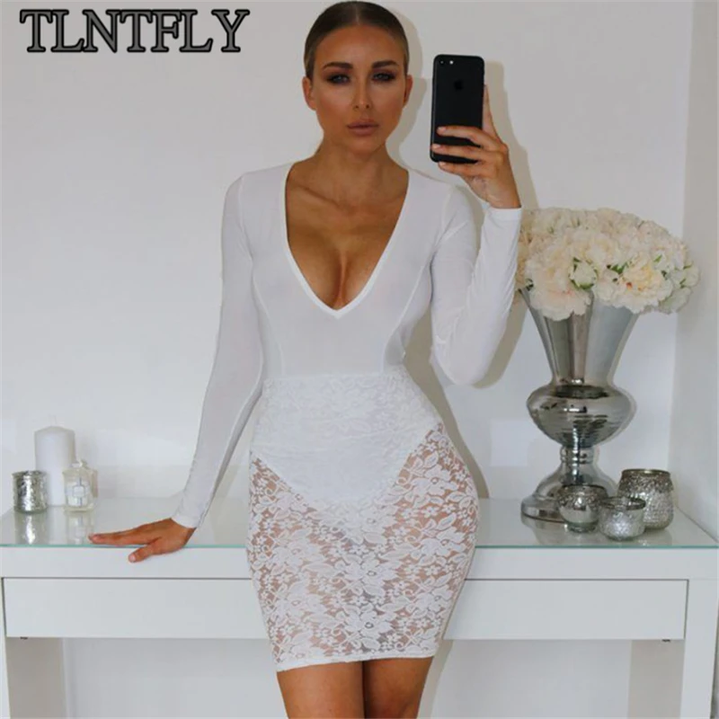 

Модное женское кружевное платье TLNTFLY с глубоким V-образным вырезом и длинными рукавами, осень 2021, облегающие прозрачные сексуальные вечерни...