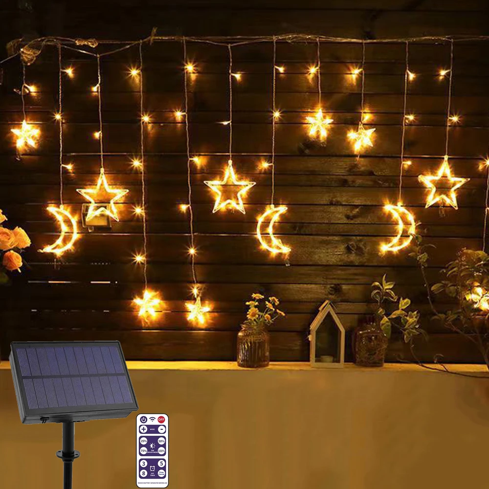 

3.5m 138leds Christmas Outdoor Solar Light Fairy Star Moon Icicle Curtain Light String for Wedding Holiday Garden Gazebo Decor