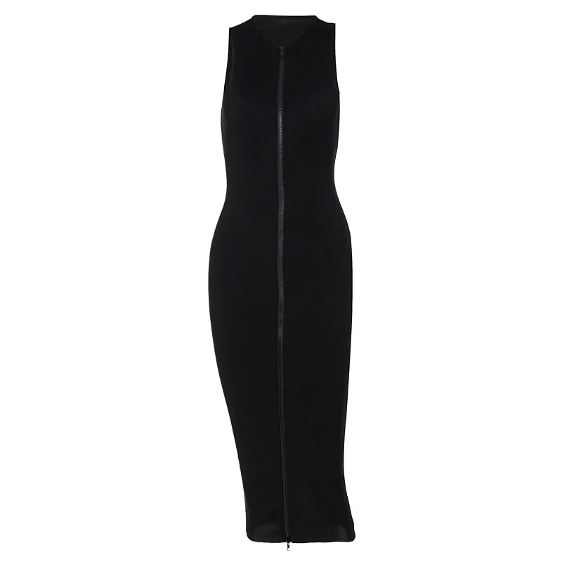

European and American women's 2021 summer new solid color sexy sleeveless mid-length skirt zipper stitching fashion slim dress