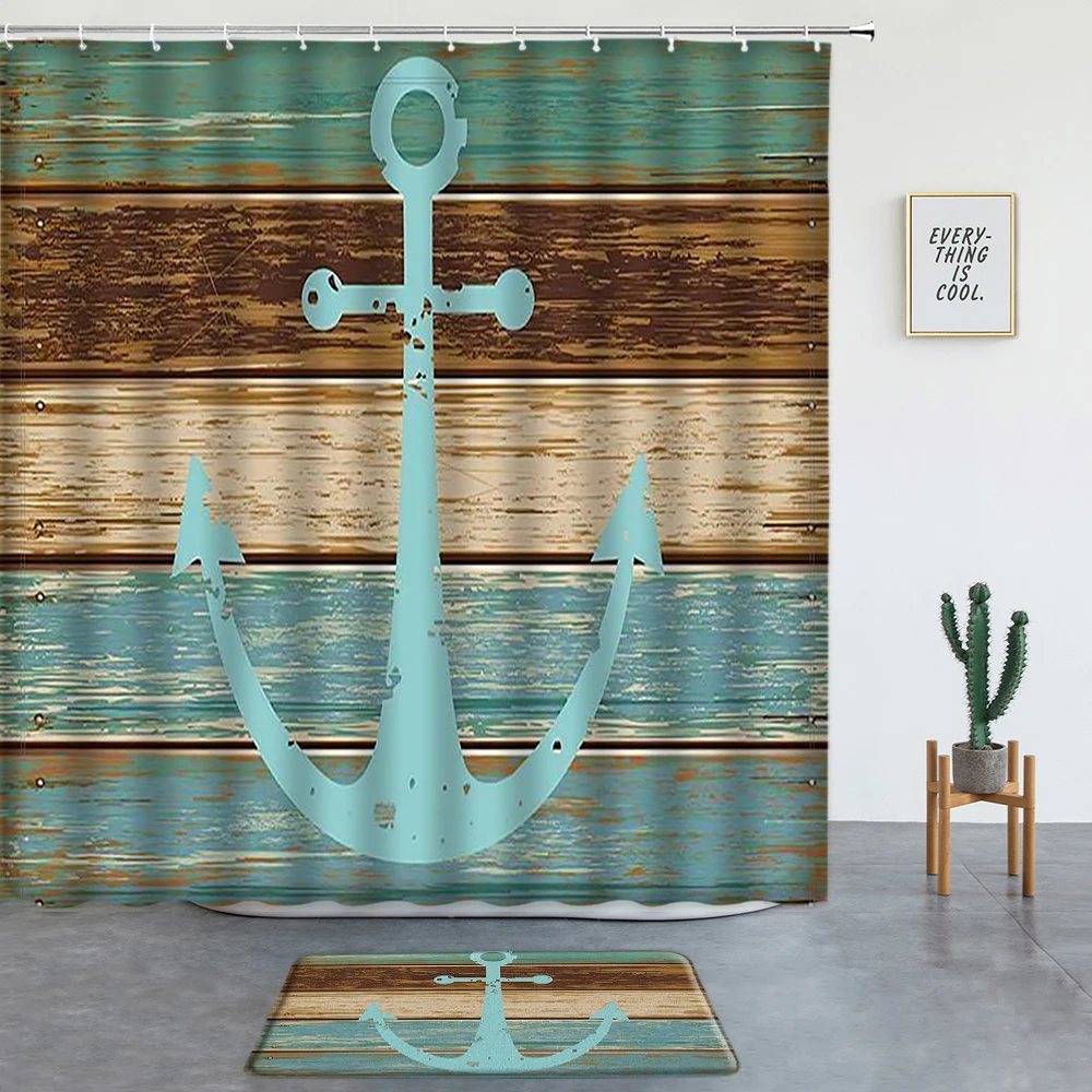 

Набор занавесок для душа с якорем, нескользящий коврик, потертые морские деревянные доски, деревенский Морской Декор для ванной комнаты, кр...