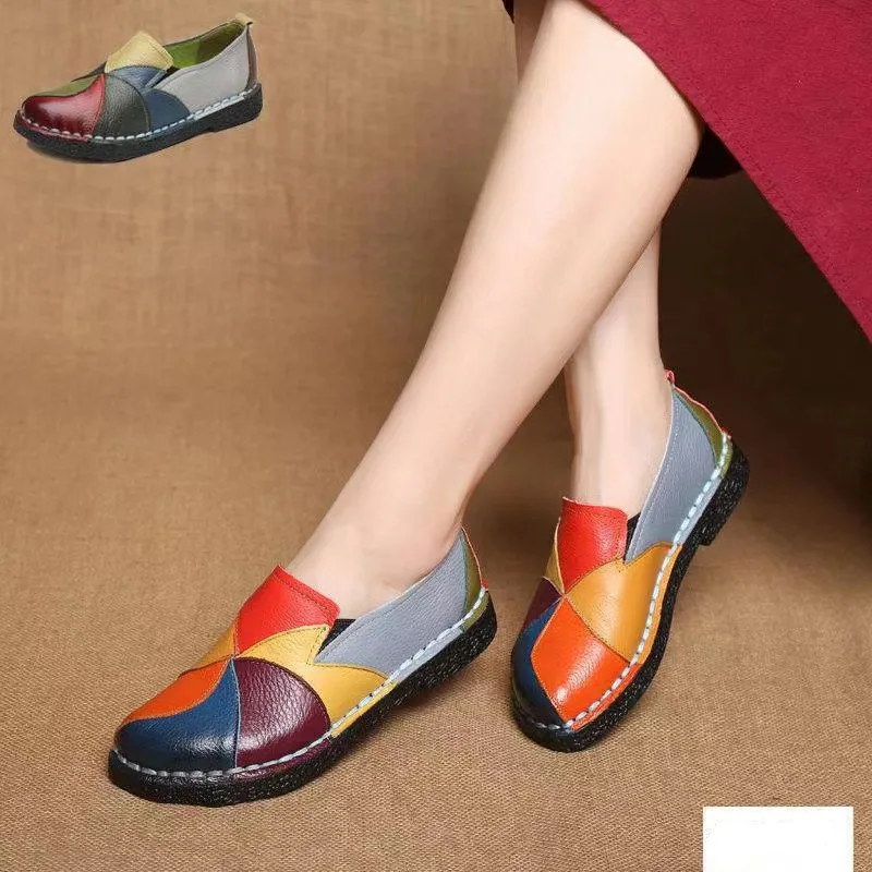 

Autumn 2021 New Ethnic Style Large Size Women's Shoes Leather Matching Color Retro Flat Heel Soft Soled Shoes