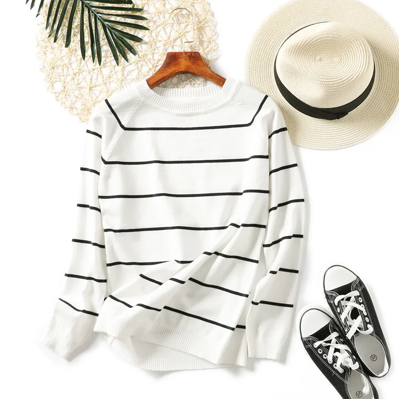 Женские трикотажные свитера полосатые пуловеры с длинными рукавами базовые