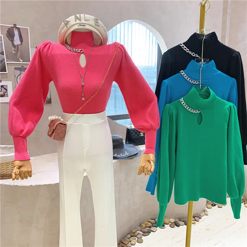 

Новинка, женская одежда, сезон осень-зима 2021, вязаная рубашка с высоким воротником, универсальная нижняя рубашка, свитер с длинным рукавом