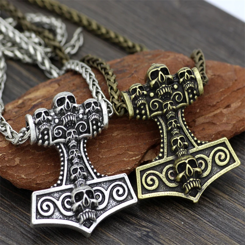 

Creative Retro Nordic Thor's Hammer Skull Men's Pendant Necklace Trending personality domineering accessories jewelry wholesale