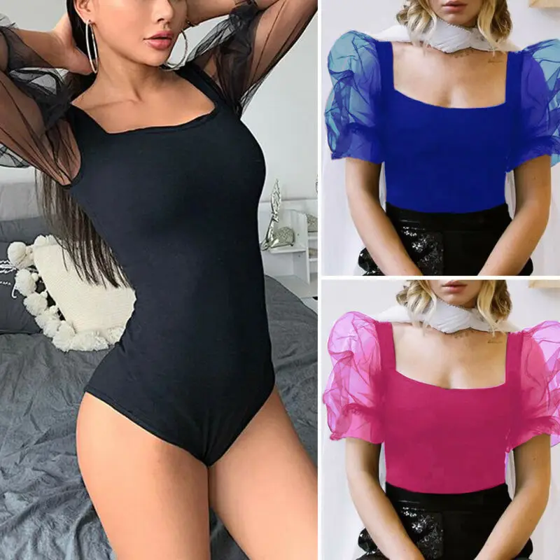 Женское облегающее боди с длинными пышными рукавами сетчатая строчка v-образный