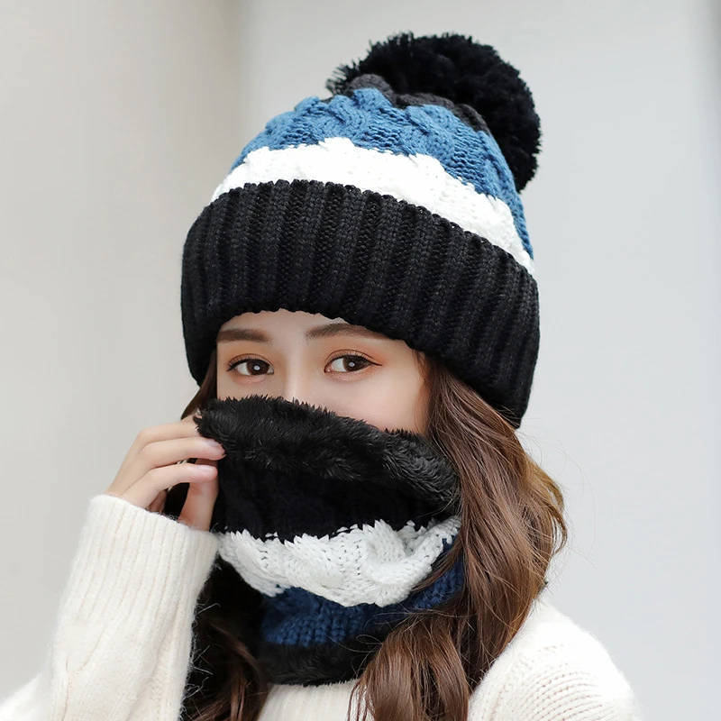 Warm Winter Knit Beanies for Women - Windproof and Cycling Compatible Thick Hats with Bib, Stitching, and Wool Knitting - Set of 2 Caps image 2
