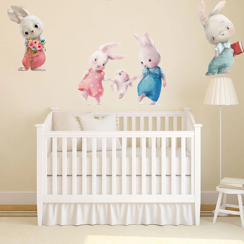 Cute Bunny Wall Stickers for Children Kids Rooms Girls Baby Room Bedroom Decoration Nursery Cartoon Animals Rabbit WallPaper | Дом и сад