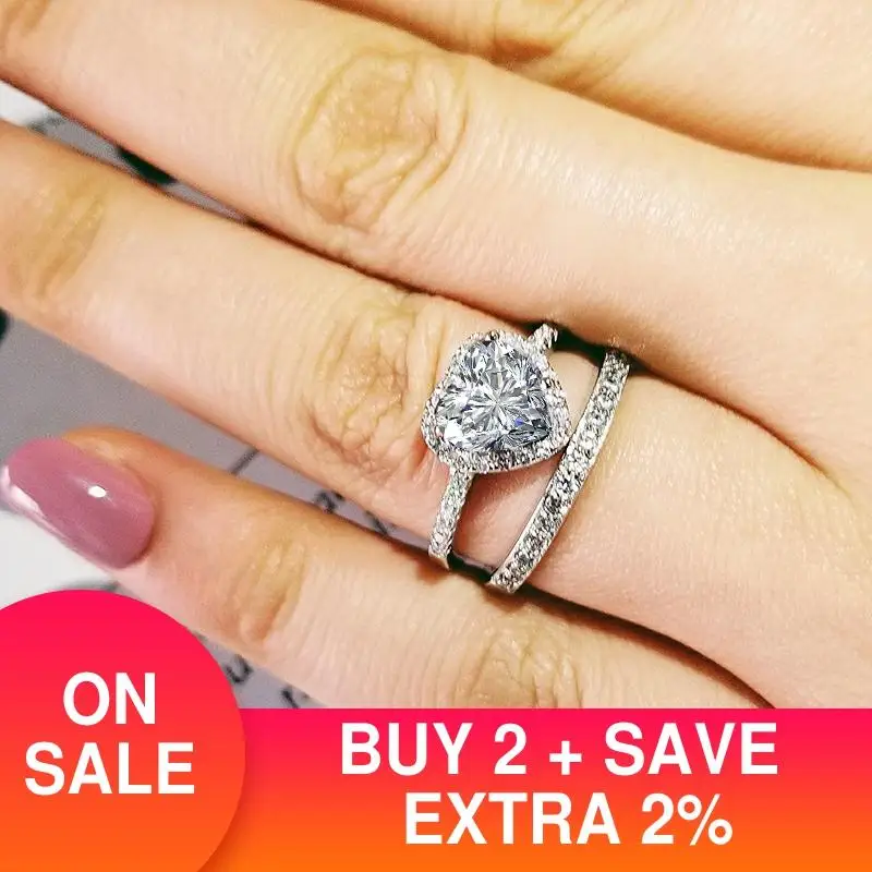 

2021 new trendy heart original 925 sterling silver wedding ring set for women lady anniversary gift jewelry wholesale R5148S