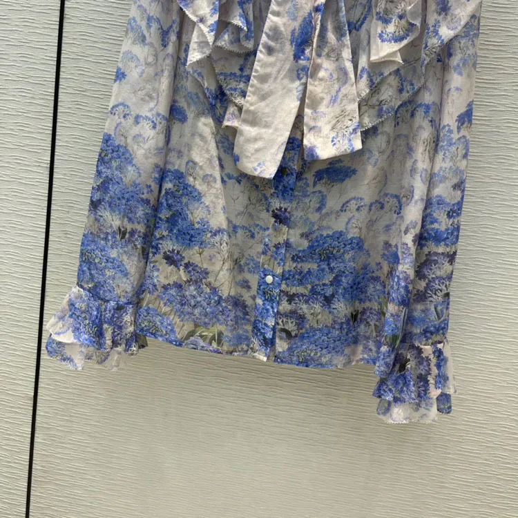 

BC27839 2021 Spring/Summer Women's New Elegant and Intellectual Commuter Floral Print Ruffled Lace-up Shirt