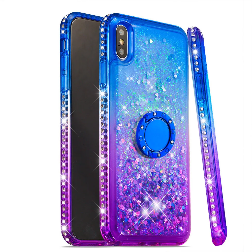 For iPhone 6 6S 7 8 Plus X XR XS Max Gradient Quicksand Series Glitter Protective Case With Ring Holder TPU Bumper Cushion Cover |