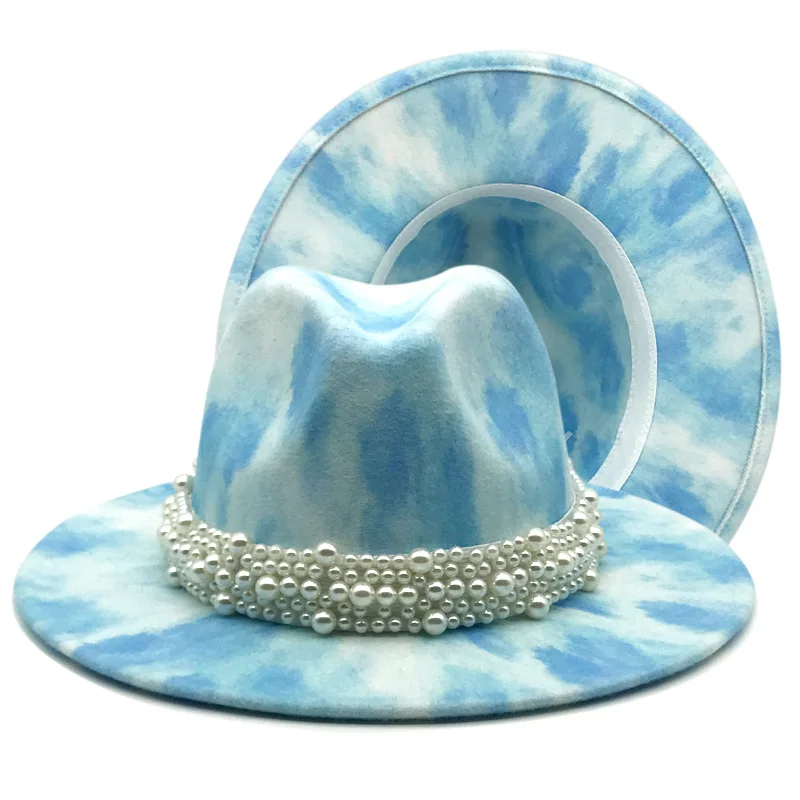 bulk price tie dyed fedora hat felt for women color mixed jazz hatchapeau femme шляпа женская sombreros de mujer pearl |