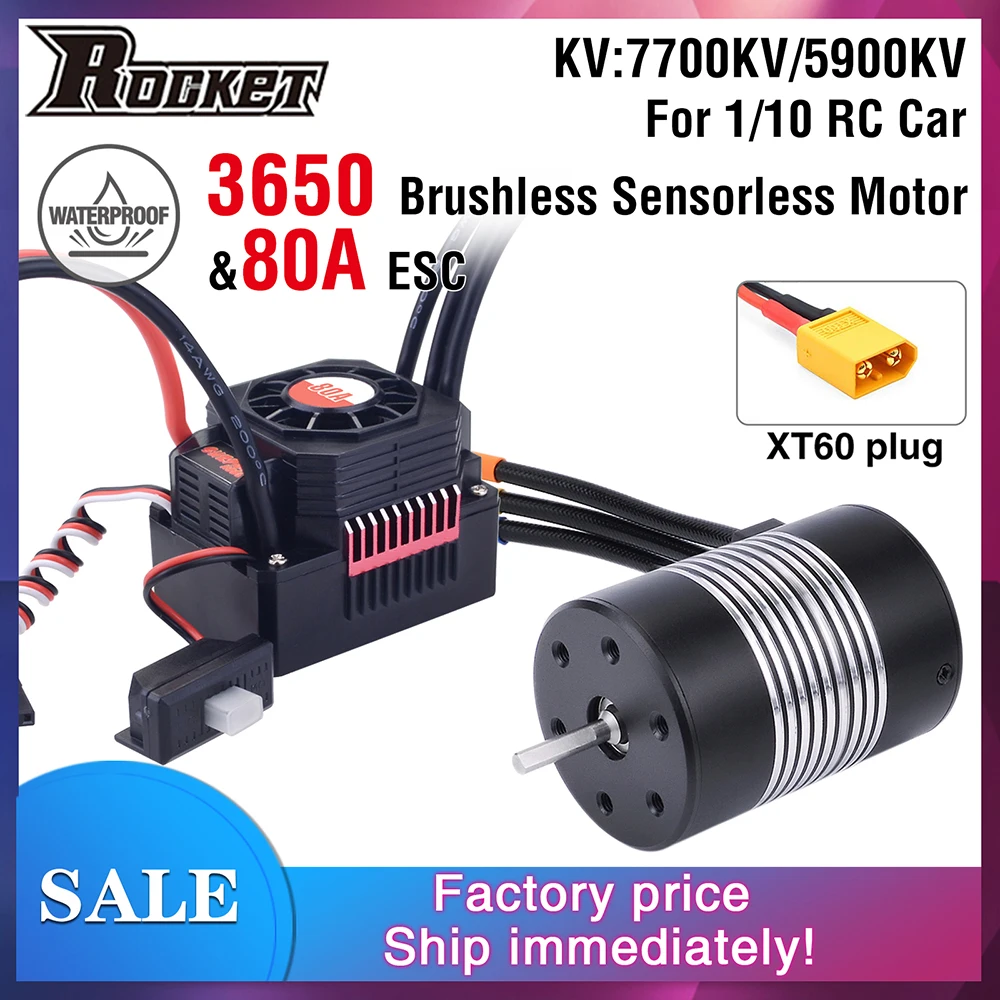 

Rocket 3650 Waterproof Brushless Sensorless Motor 7700KV/5900KV/ 3500KV with 80A Brushless ESC Combo Set for 1/10 Tamiya RC Car