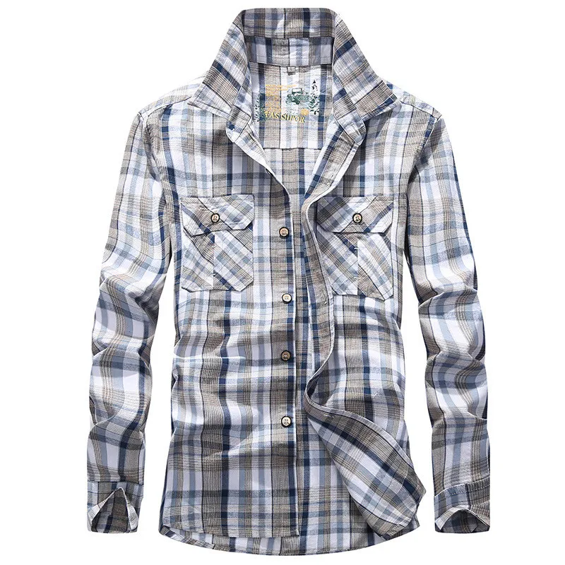 

2020 Plaid Shirt Men Army Military Long Sleeve Camisa Masculina Plus Size 4XL 100% Cotton Casual Mens Shirts Chemise homme