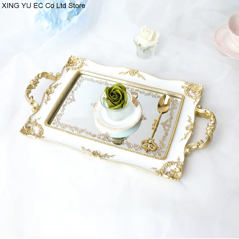 

European-style Rectangular Glass Storage Tray Mirror Printing Bottom Tray Jewelry Tray Home Living Room Decoration Accessories