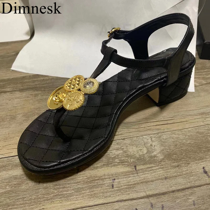

Summer Chunky High Heel Sandals Women Genuine Leather Metal Flower Decor Ankle Strap Split Toe Sandalias Comfort Vacation Shoes