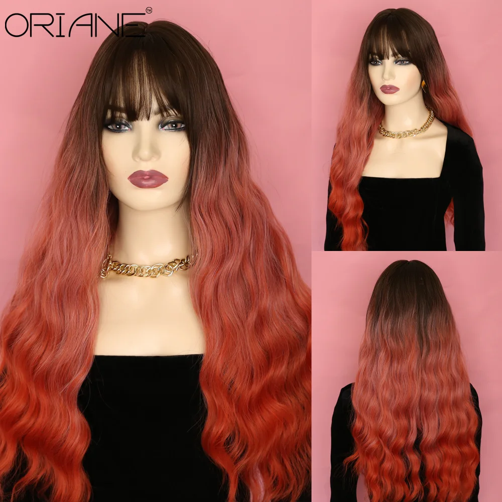 

ORIANE Coral Orange Soft Synthetic Cosplay Wig With Bangs For Women Long Wavy Curly Colorful Wig Girl High Temperature Fiber Wig