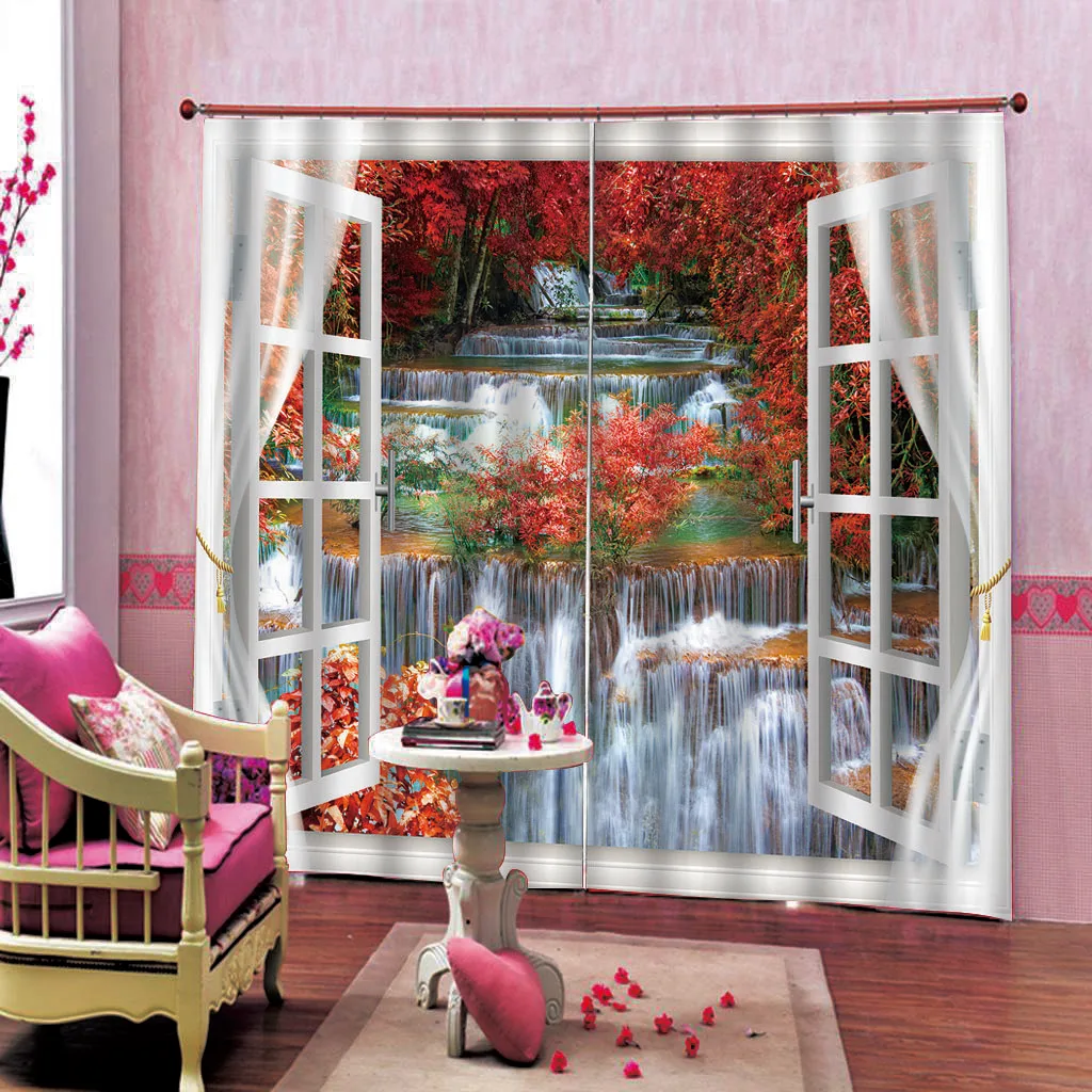 

3D Waterfall Scenery Shower Curtain Outside the window Landscape Trees Flower Blackout Drapes For Living room Bedroom