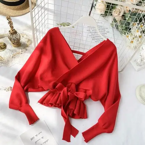red pullover Woherb/зимняя одежда на шнуровке с v-образным вырезом, вязаные свитеры женские с длинным рукавом «летучая мышь», тонкий пуловер с поясом, сексуальные короткие топы с оборками, джемпер - Цвет: red pullover