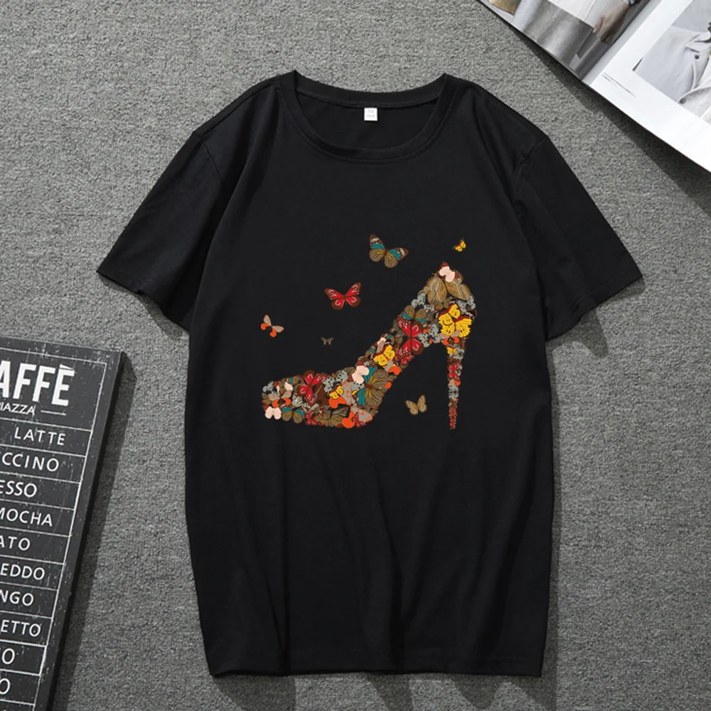 

T-shirt O-neck Unisex Black Series Butterfly Shoes Personality Creative Printing Commuter All-match Men's and Women's Tops