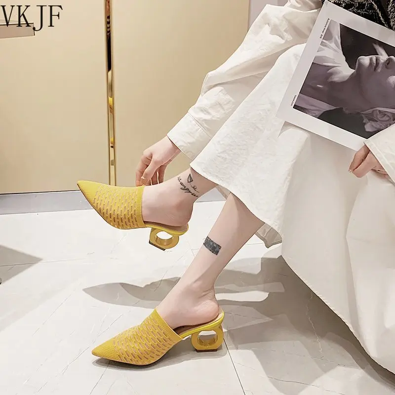 

Fretwork Heels Pointed Toe Slippers Women Shoes Stretch Fabric Air Mesh Mules Flip Flop Slip on Slides Plus Size
