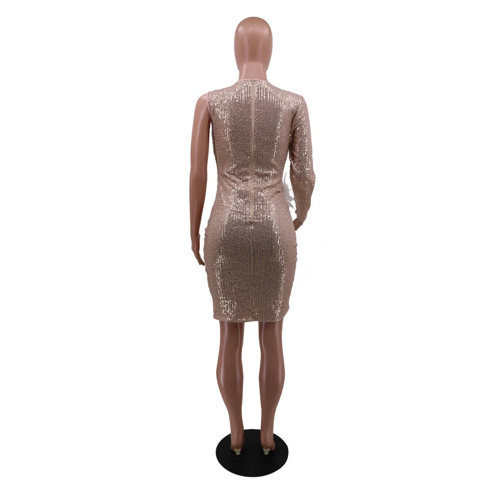 

Sparkly Sequins Feather Splice Prom Dress Women Elegant Sheer Mesh See Through Club Party Dress Irregular Long Sleeve Slim Dress