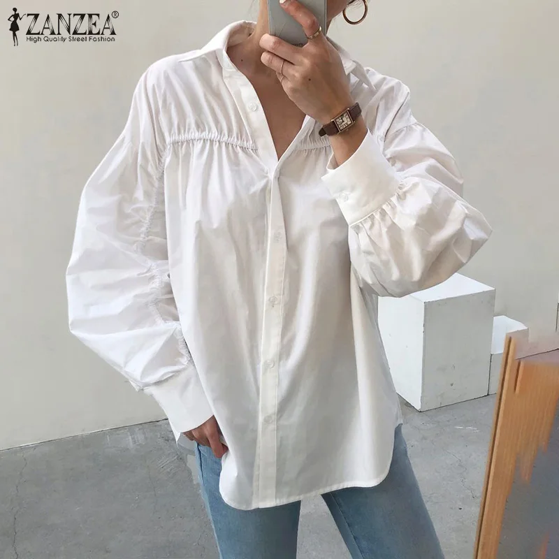 

Женская модная белая рубашка ZANZEA, осенняя блузка с отложным воротником и длинными пышными рукавами, повседневные однотонные блузы, элегант...