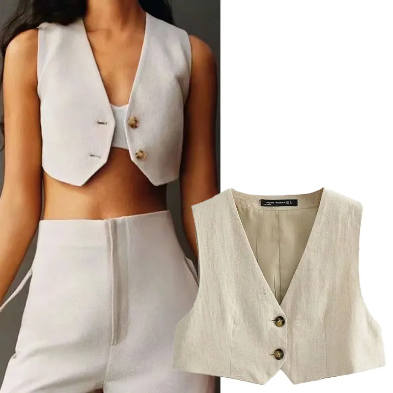 

2021Summer Women Vest Fashion V-Neck Short Jackets Sleeveless Button Down Fitted Classic Cardigan Korean Solid Color Waistcoat