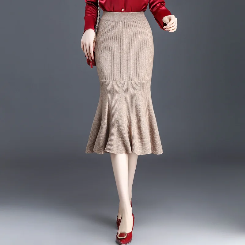 faldas mujer moda 2019 skirts womens autumn winter knit high waist pleated long skirt wool fishtail gothic female jupe femme | Женская