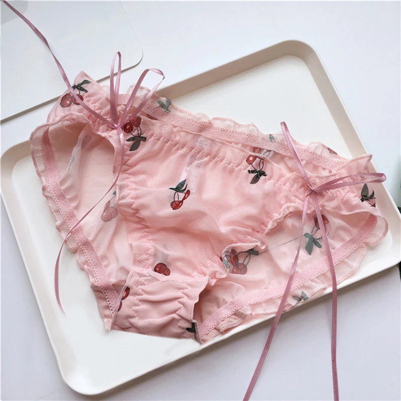 

Seamless Panties Korean Fruit Micro Cute Ruffle Bow Briefs Girls Lingerie Lacing Up Thongs Women Sexy Underwear