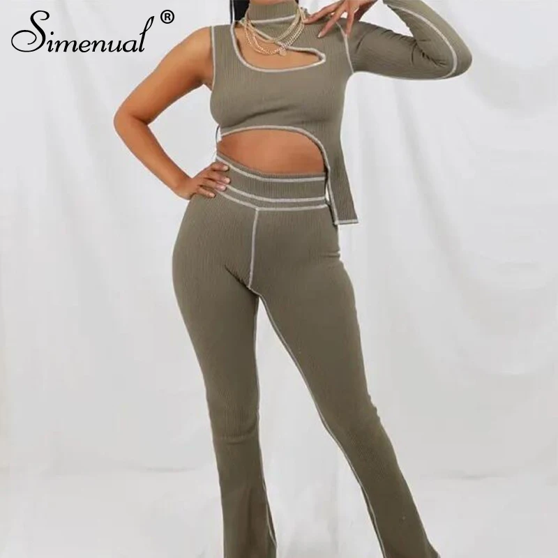 

Simenual One Sleeve Cut Out Ribbed Two Piece Sets Women Sporty Casual Bodycon Loungewear Co-ord Set Athleisure Mock Neck Outfits