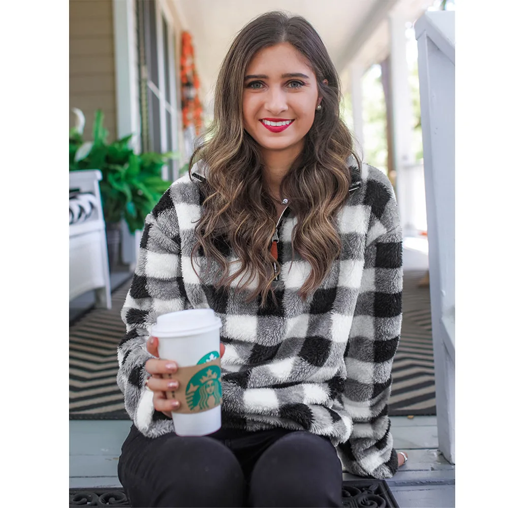 

Женский свитер, пуловер на молнии, Флисовая теплая Модная куртка из овечьей шкуры с воротником, клетчатая камуфляжная повседневная куртка, Осень-зима