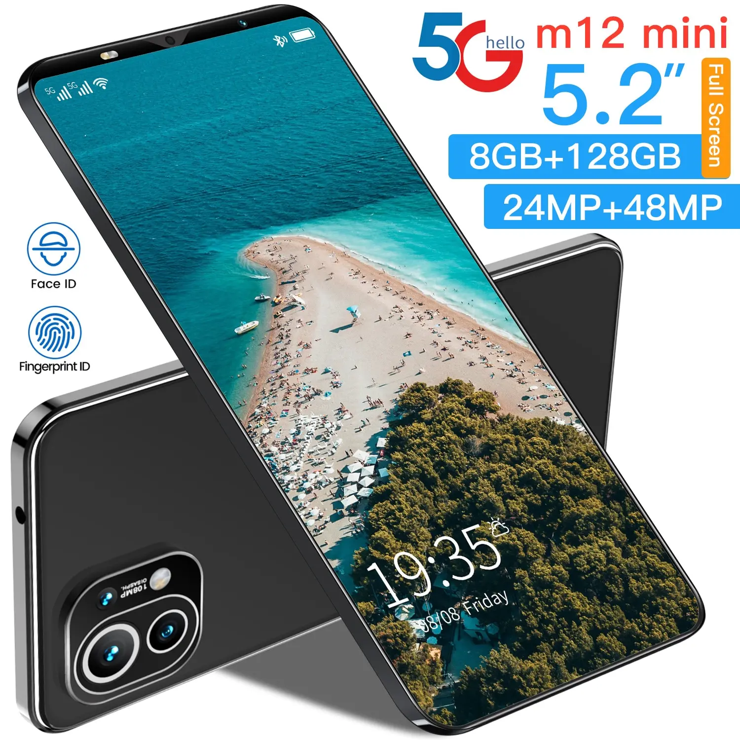 

M12mini 5.2 Inch 4800mah 8+128gb Fingerprint Id Mini Cell Phone Black Gold Gray Andriod 10.0 Dual Sim Smart Phone Mtk6595 Global
