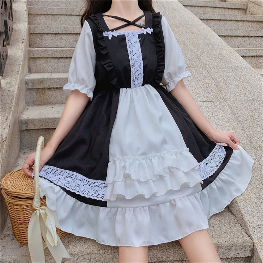 

Japanese Sweet Lolita Girls Dresses Victorian Gothic Harajuku Kawaii Dress Fufflr Short Sleeve Party Lace Maxi Dress for Women