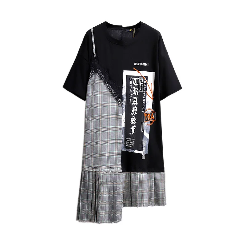 

2021 Summer New Large Women's Patchwork Plaid T-shirt Skirt Loose Pleated Fake Two-piece Dress