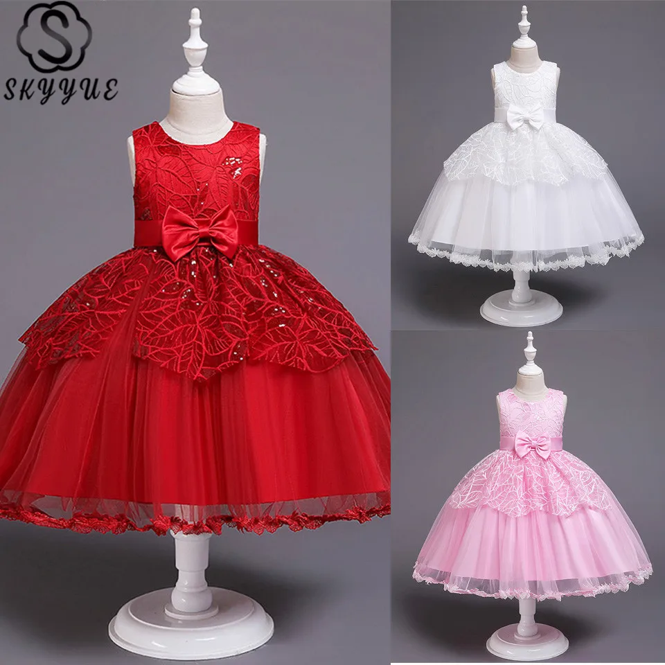 

Skyyue Pageant Dresses for Girls Sleeveless O-Neck Crepe Flower Girl Dresses Embroidery First Communion Dresses for Girls 855